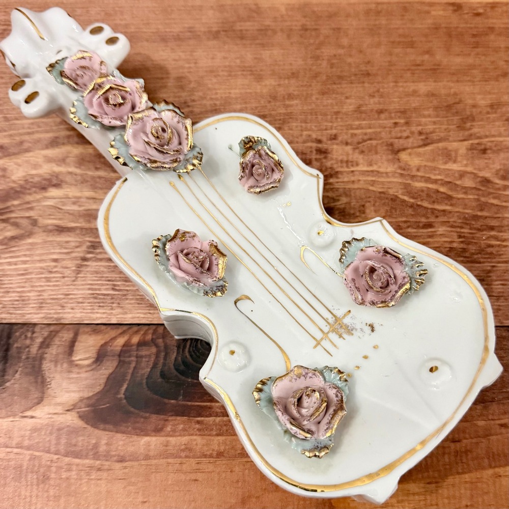 Vintage Hanes Japan Porcelain Violin Wall Pocket Vase Pink 3D Roses Gold Gilt